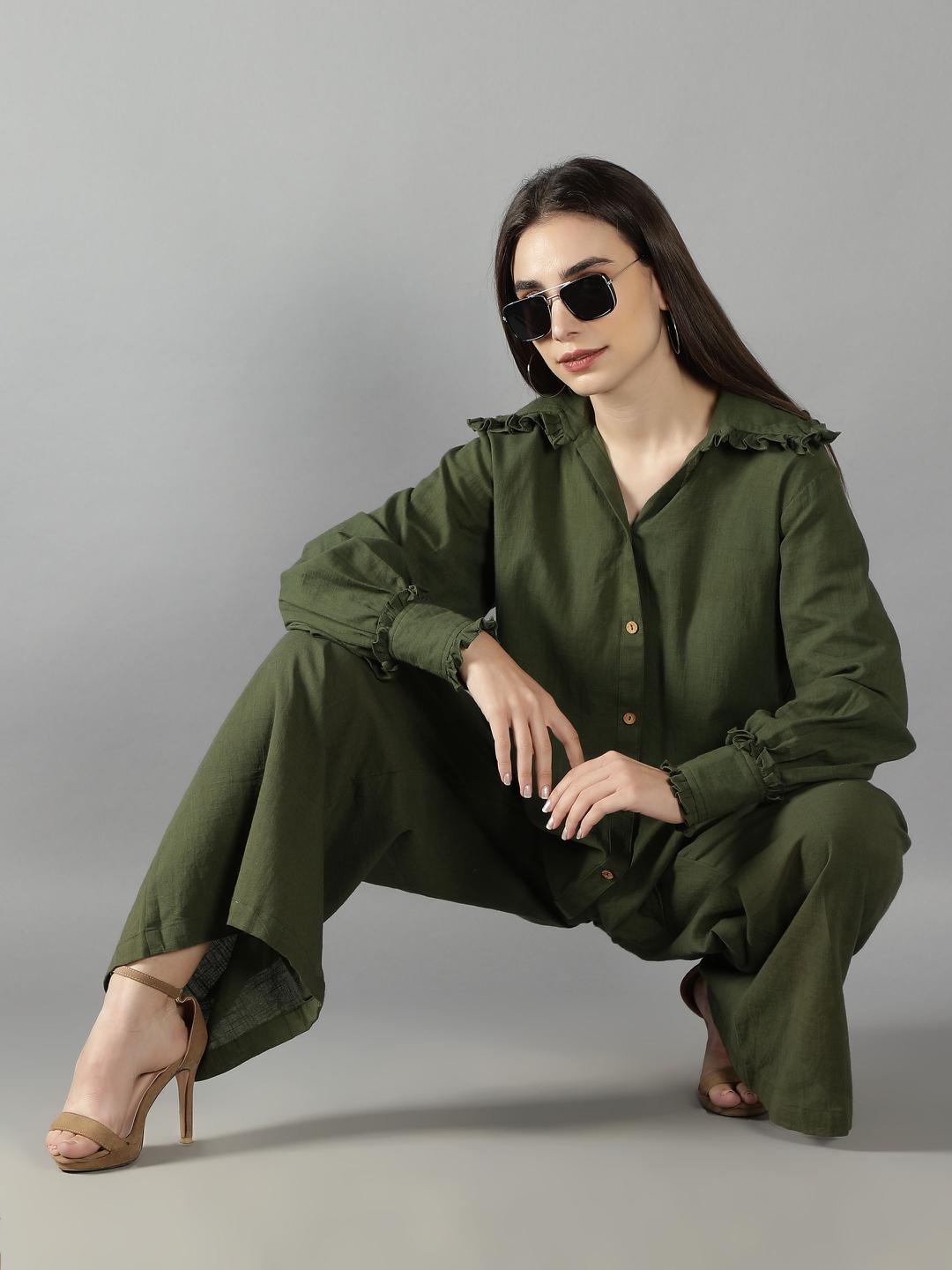 floral-back-tie-up-olive-green-shirt-pant-11740110GR, Women Clothing, Cotton Matching Set