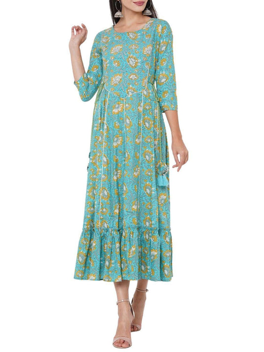 floral-block-printed-embroidered-maxi-dress-with-twisted-belt-string--10304002BL, Women Clothing, Cotton Dress