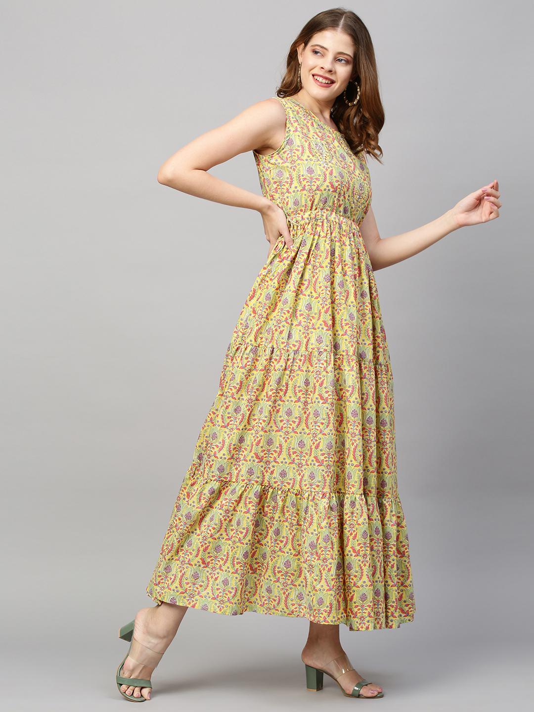 Floral Printed V-Neck Flared Sleeves Tie-Up Detailed Fit & Flare Maxi -  BITTERLIME