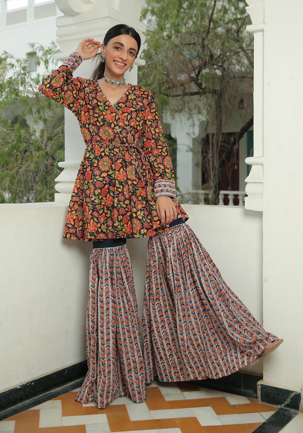 floral-printed-kurta-with-sharara-set-11702060ML, Women Indian Ethnic Clothing, Cotton Kurta Set
