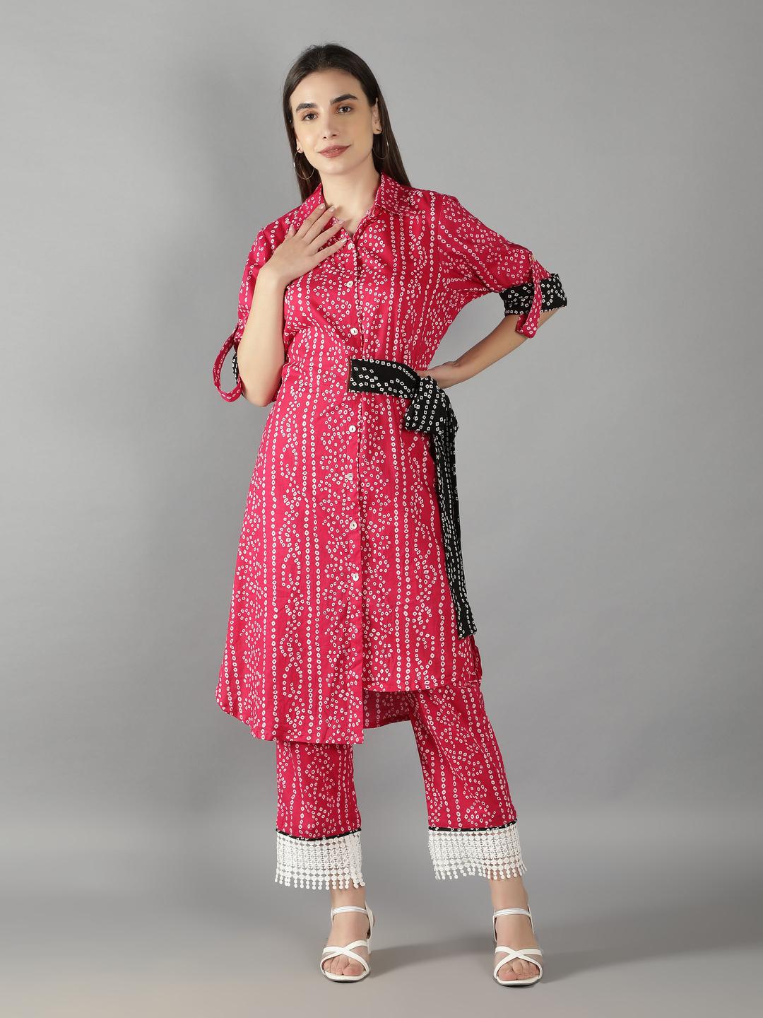 fuschia-pink-bhandej-print-side-tie-up-shirt-with-statement-pants-11740126PK, Women Clothing, Cotton Matching Set
