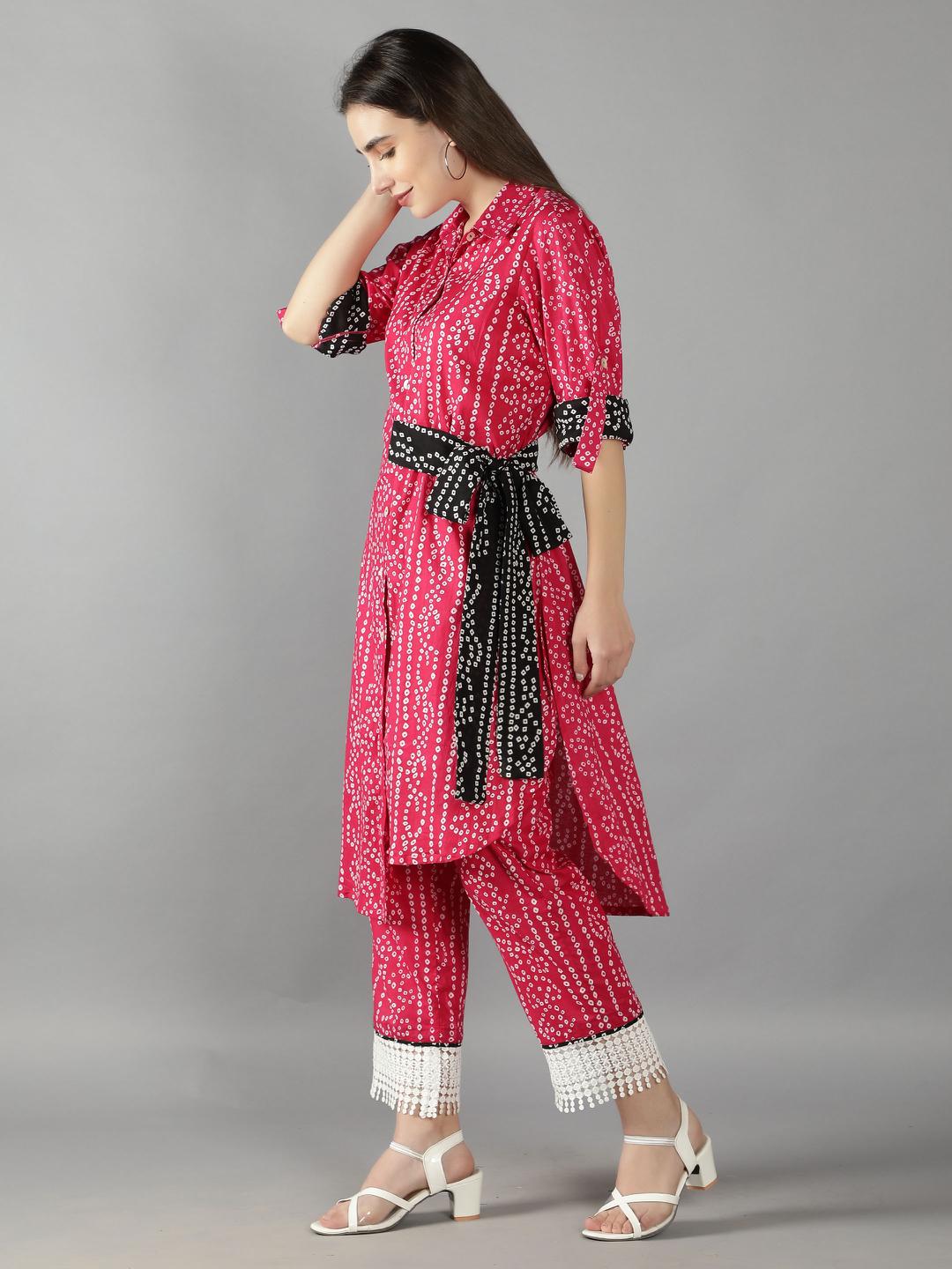 fuschia-pink-bhandej-print-side-tie-up-shirt-with-statement-pants-11740126PK, Women Clothing, Cotton Matching Set