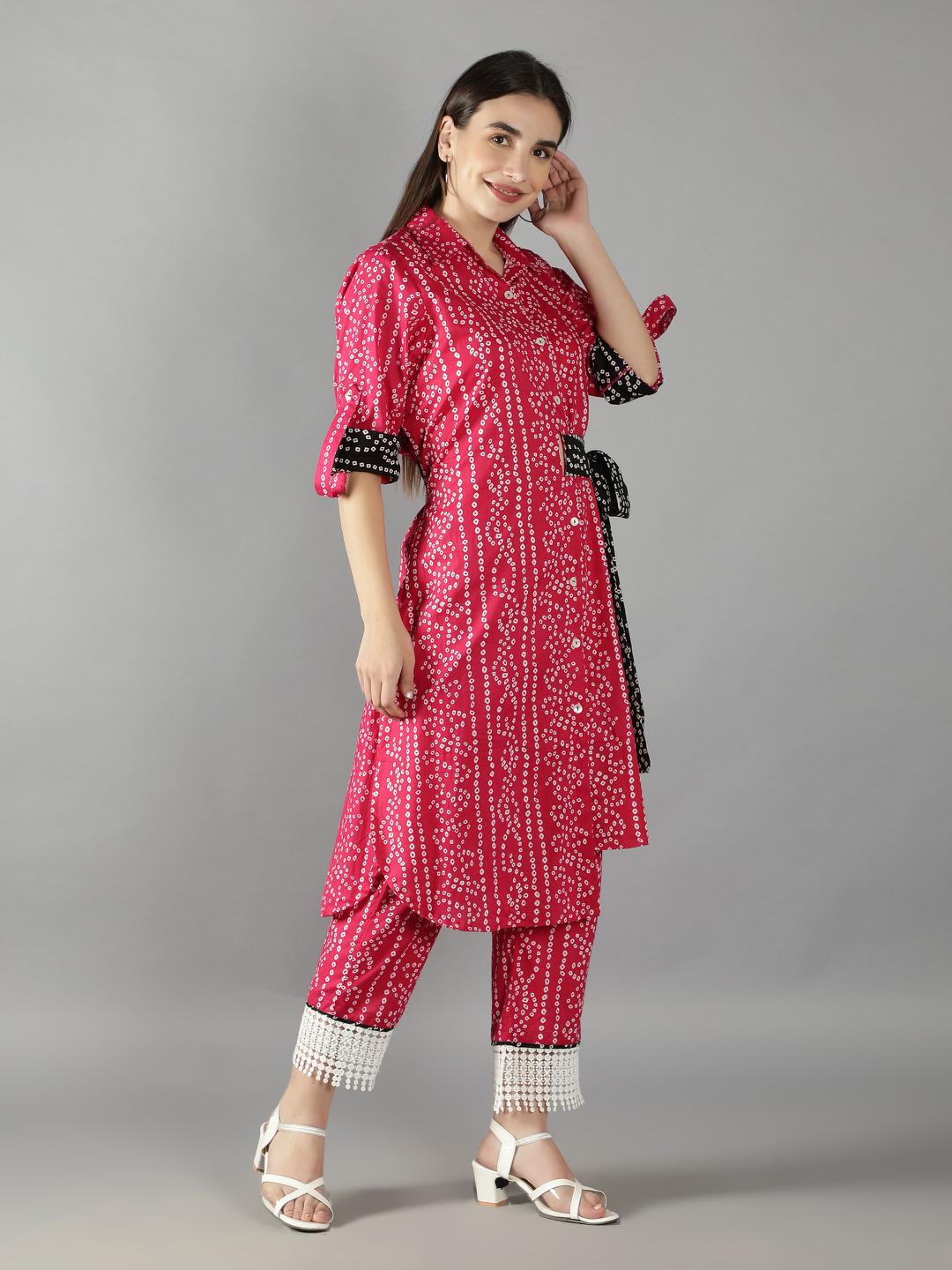 fuschia-pink-bhandej-print-side-tie-up-shirt-with-statement-pants-11740126PK, Women Clothing, Cotton Matching Set