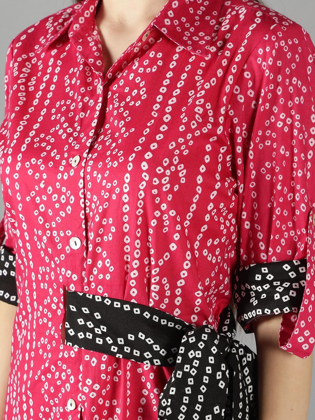 fuschia-pink-bhandej-print-side-tie-up-shirt-with-statement-pants-11740126PK, Women Clothing, Cotton Matching Set