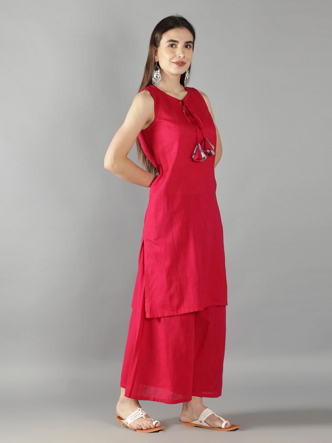 fuschia-pink-front-tassel-tie-up-suit-set-with-geometric-print-dupatta-11703138PK, Women Indian Ethnic Clothing, Cotton Kurta Set Dupatta
