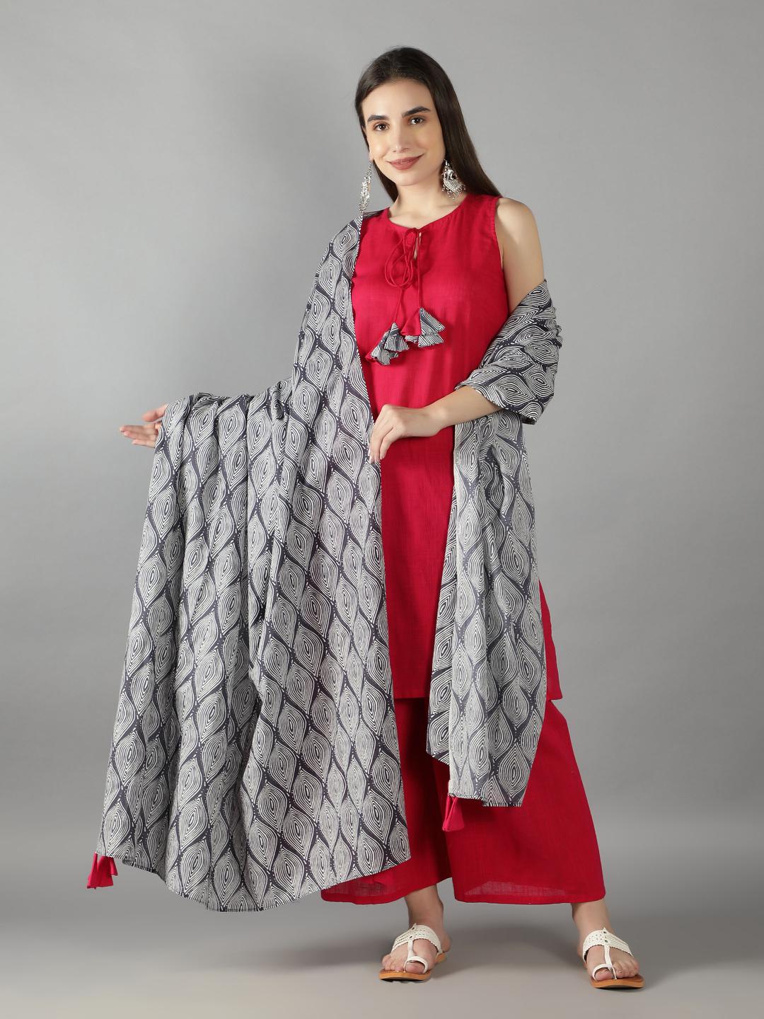 fuschia-pink-front-tassel-tie-up-suit-set-with-geometric-print-dupatta-11703138PK, Women Indian Ethnic Clothing, Cotton Kurta Set Dupatta