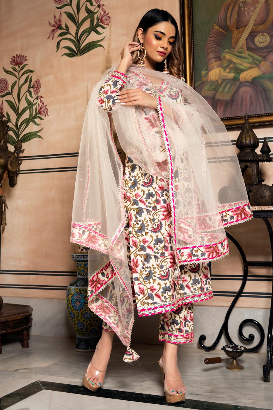 garden-rose-cotton-suit-set.-11403202WH, Women Indian Ethnic Clothing, Cotton Kurta Set Dupatta