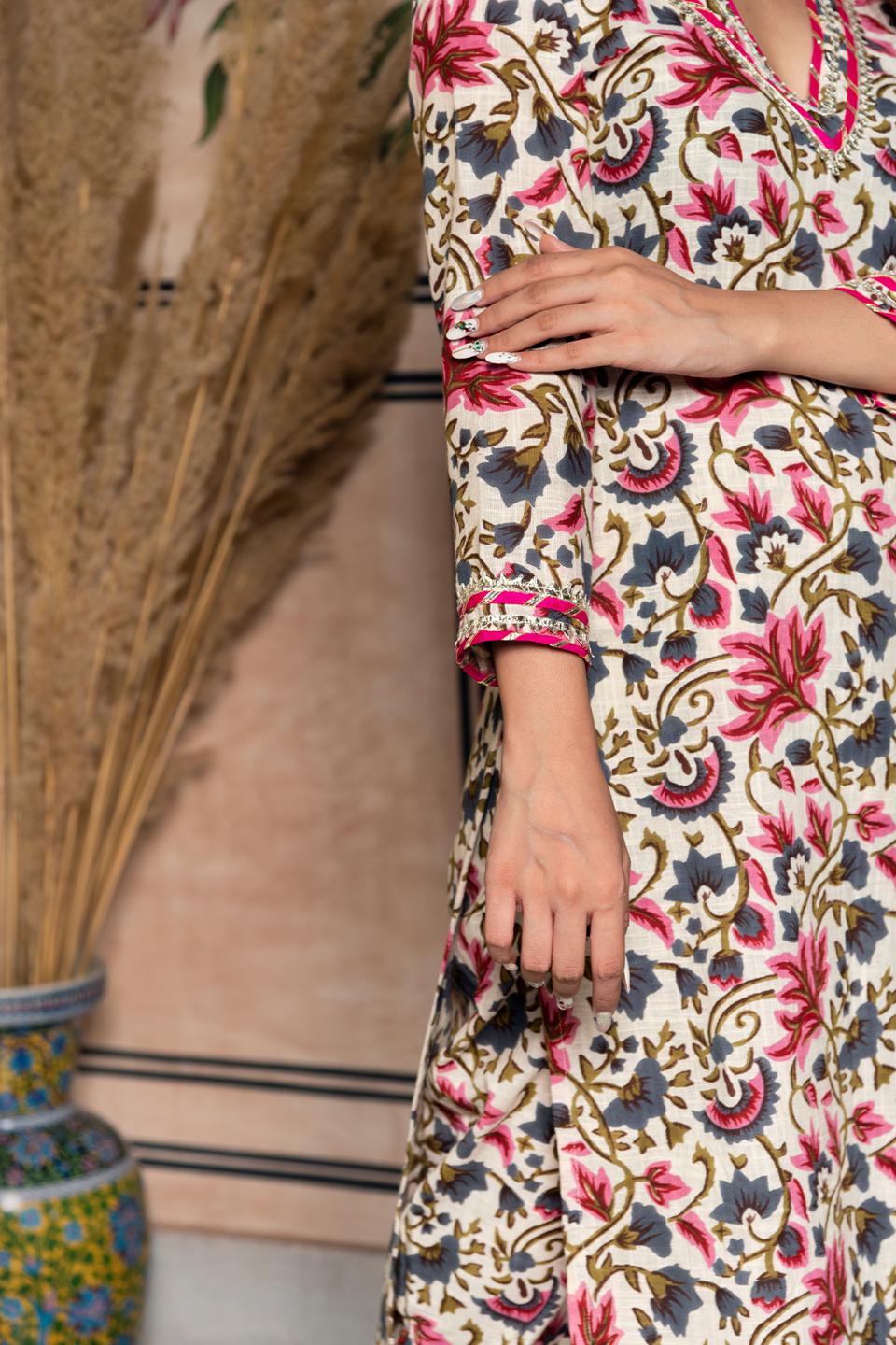 garden-rose-cotton-suit-set.-11403202WH, Women Indian Ethnic Clothing, Cotton Kurta Set Dupatta