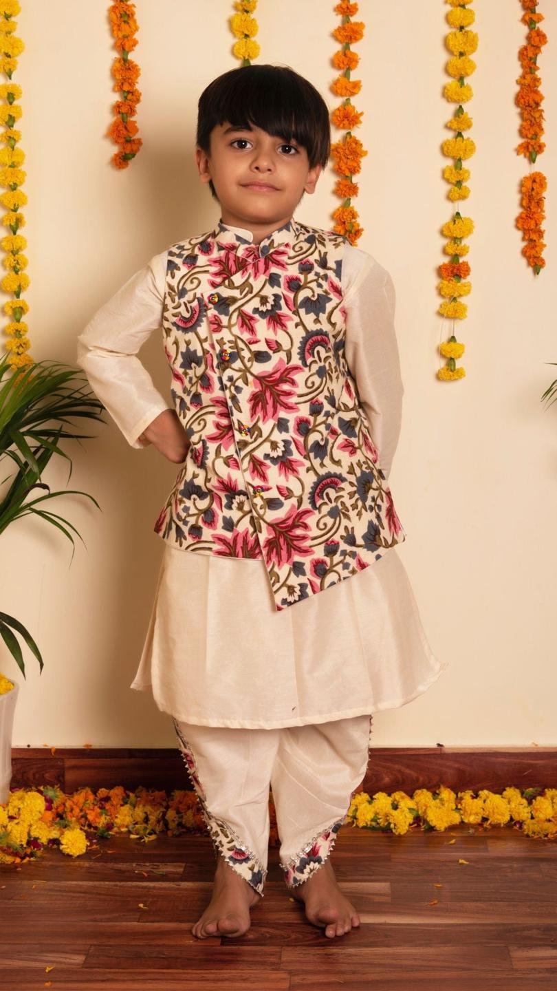 garden-rose-kurta-dhoti-set-11439029WH, Kids Indian Ethnic Clothing, Cotton Silk Boy Kurta Dhoti Set