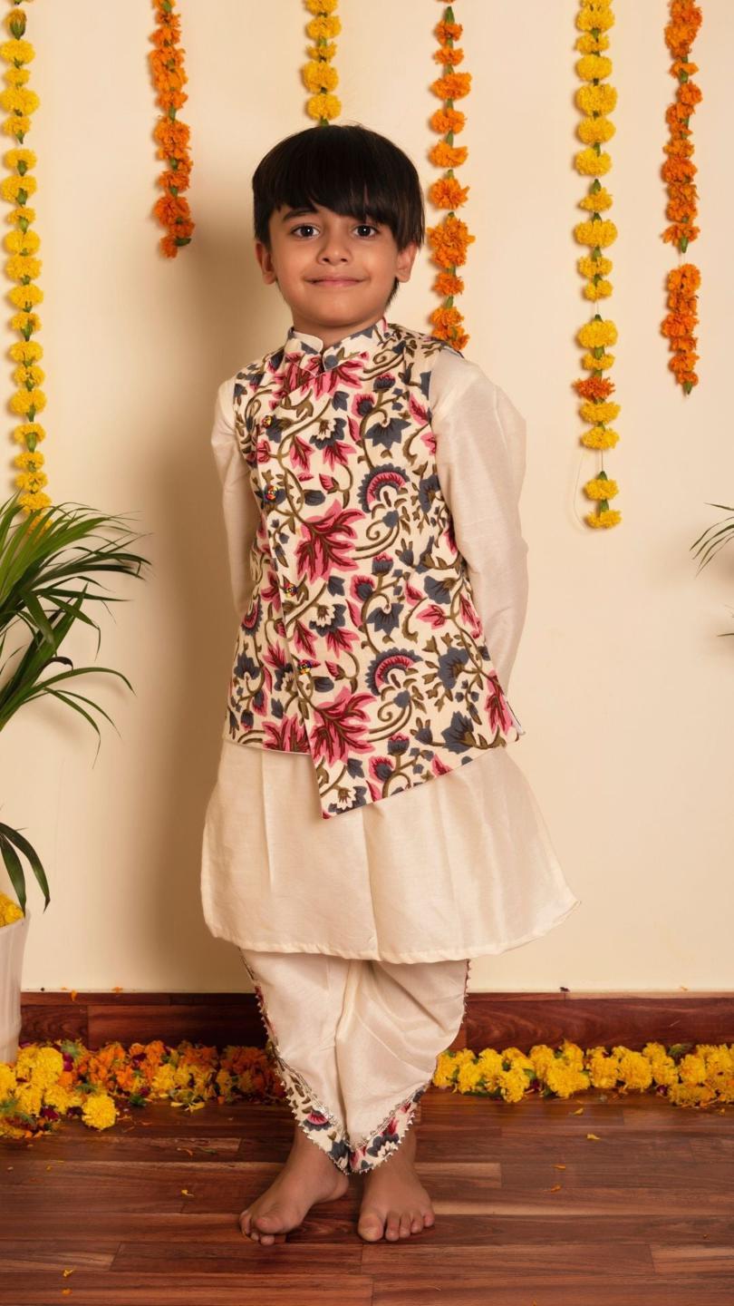 garden-rose-kurta-dhoti-set-11439029WH, Kids Indian Ethnic Clothing, Cotton Silk Boy Kurta Dhoti Set