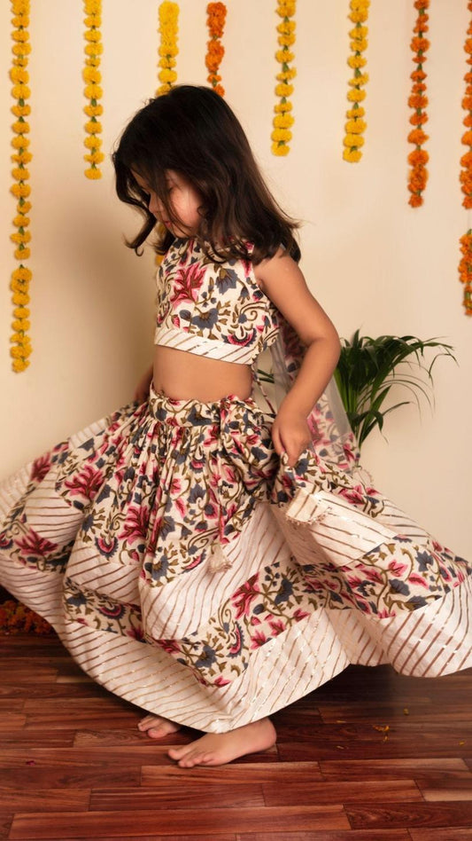 garden-rose-lehenga-set-11409028WH, Kids Indian Ethnic Clothing, Cotton Girl Lehenga Set