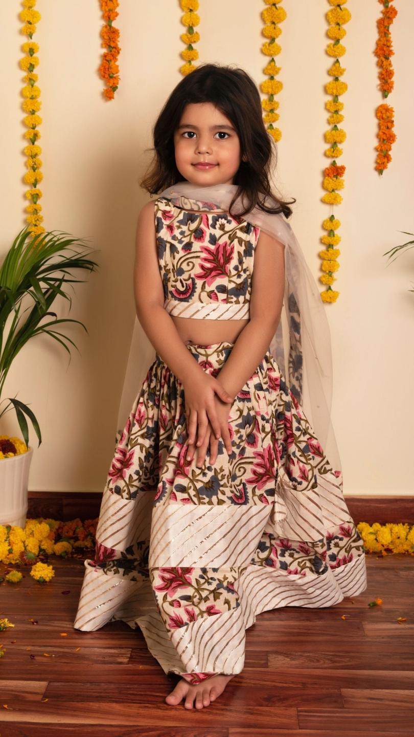 garden-rose-lehenga-set-11409028WH, Kids Indian Ethnic Clothing, Cotton Girl Lehenga Set