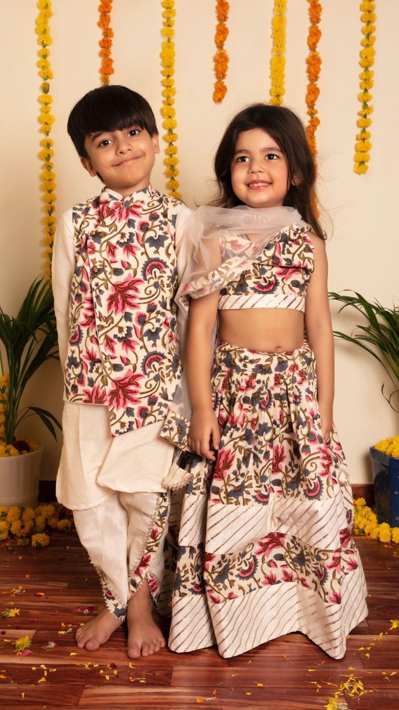 garden-rose-lehenga-set-11409028WH, Kids Indian Ethnic Clothing, Cotton Girl Lehenga Set