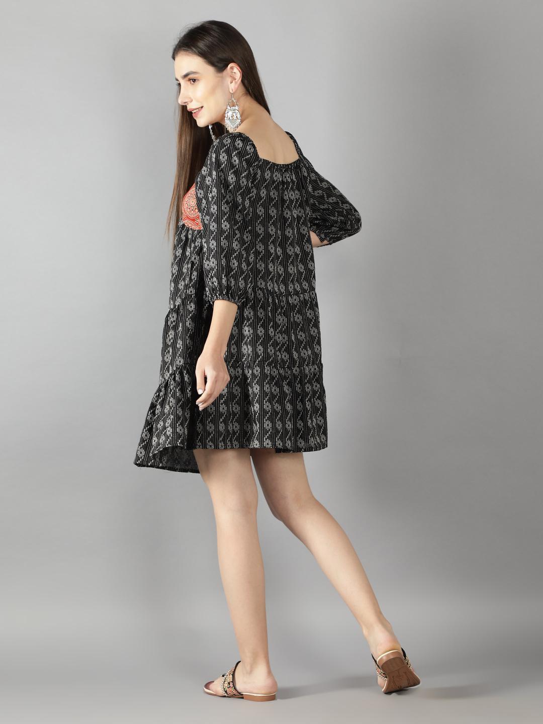 geometric-black-kantha-skater-dress-11704103BK, Women Clothing, Cotton Dress