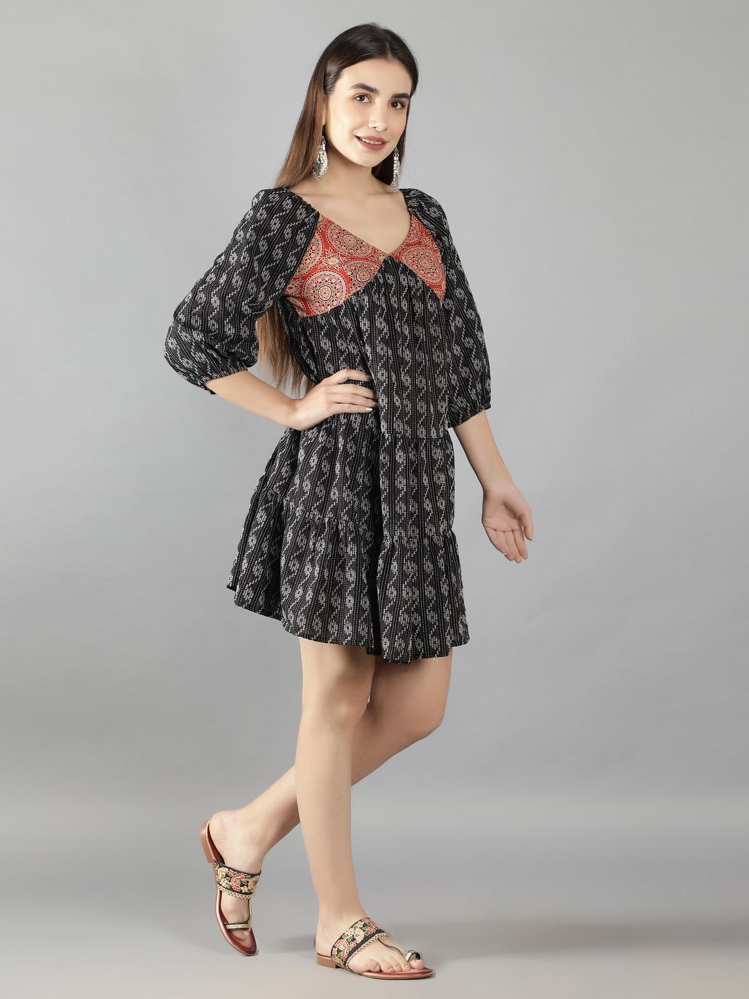 geometric-black-kantha-skater-dress-11704103BK, Women Clothing, Cotton Dress