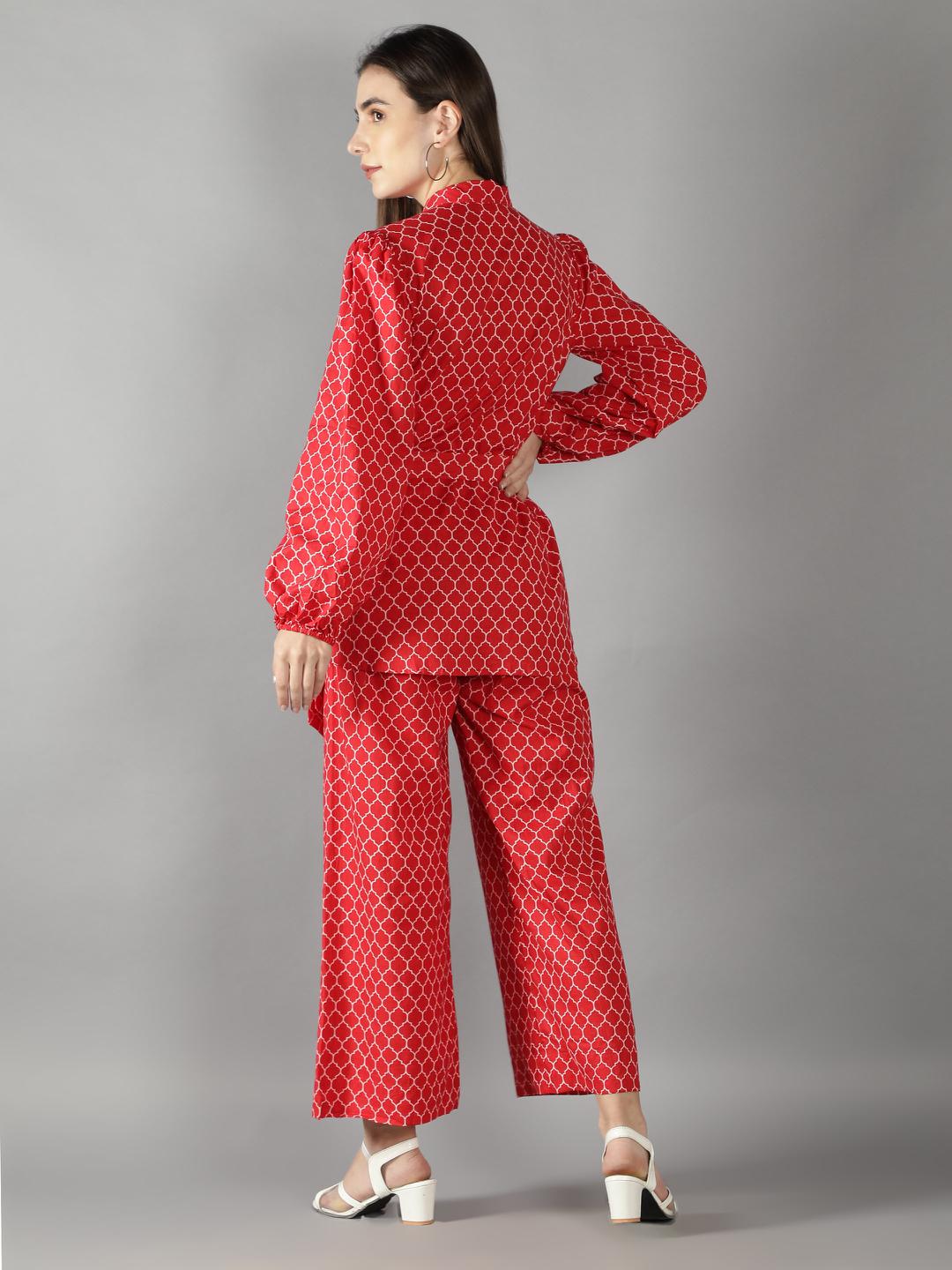 geometric-lava-red-pant-suit-set-11740100RD, Women Clothing, Cotton Matching Set