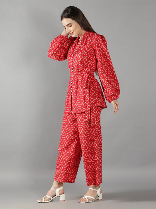 geometric-lava-red-pant-suit-set-11740100RD, Women Clothing, Cotton Matching Set