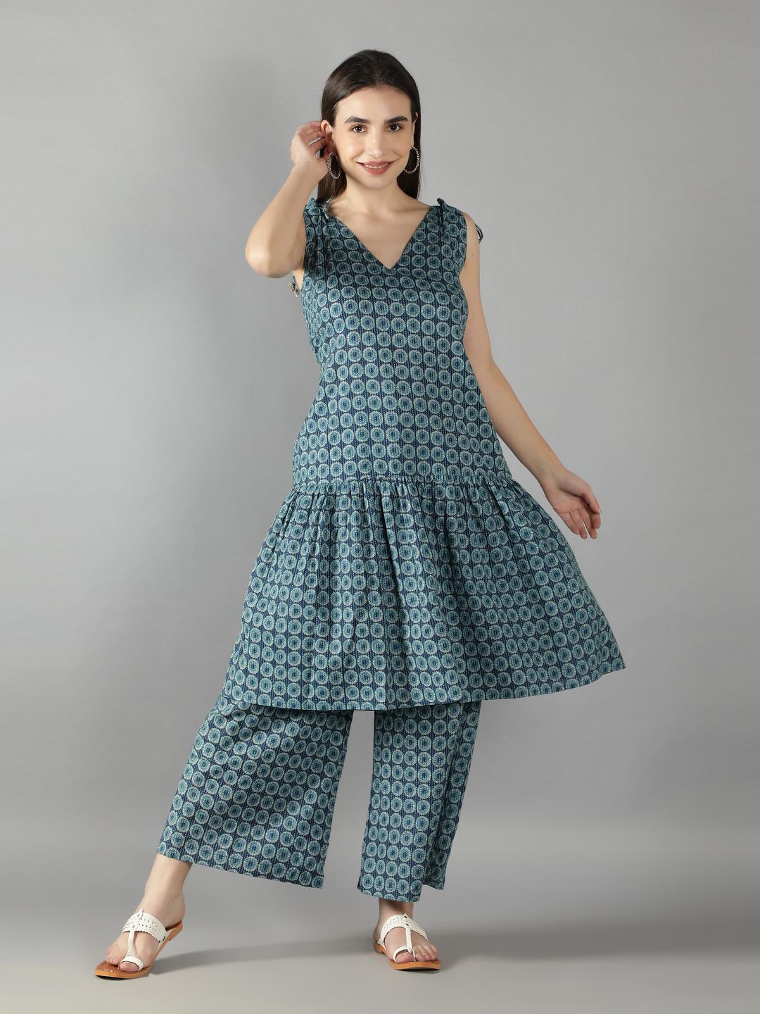 geometric-print-kantha-blue-opal-shoulder-and-back-tie-up-kurta-with-short-pants-11702101BL, Women Indian Ethnic Clothing, Cotton Kurta Set