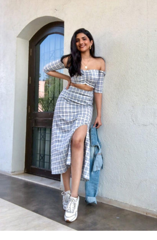 gingham-gaga-co-ord-set-11640021BL, Women Clothing, Cotton Matching Set