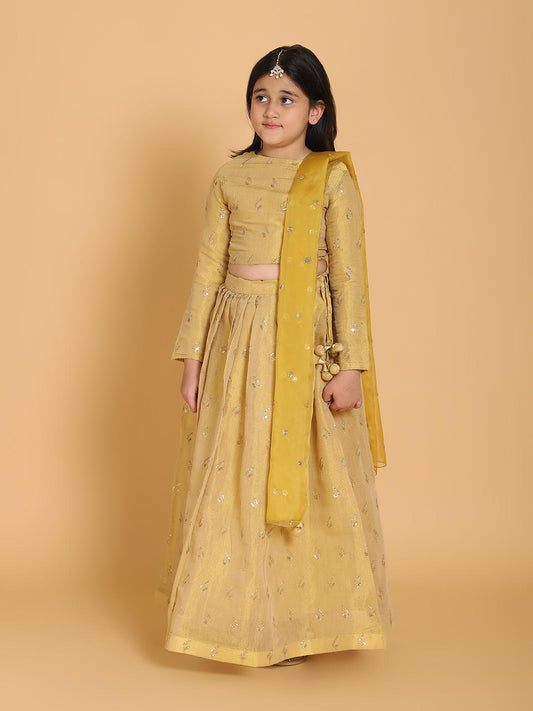 golden-choli-lehenga-with-dupatta-set-10509087GL, Kids Indian Ethnic Clothing, Silk Girl Lehenga Set