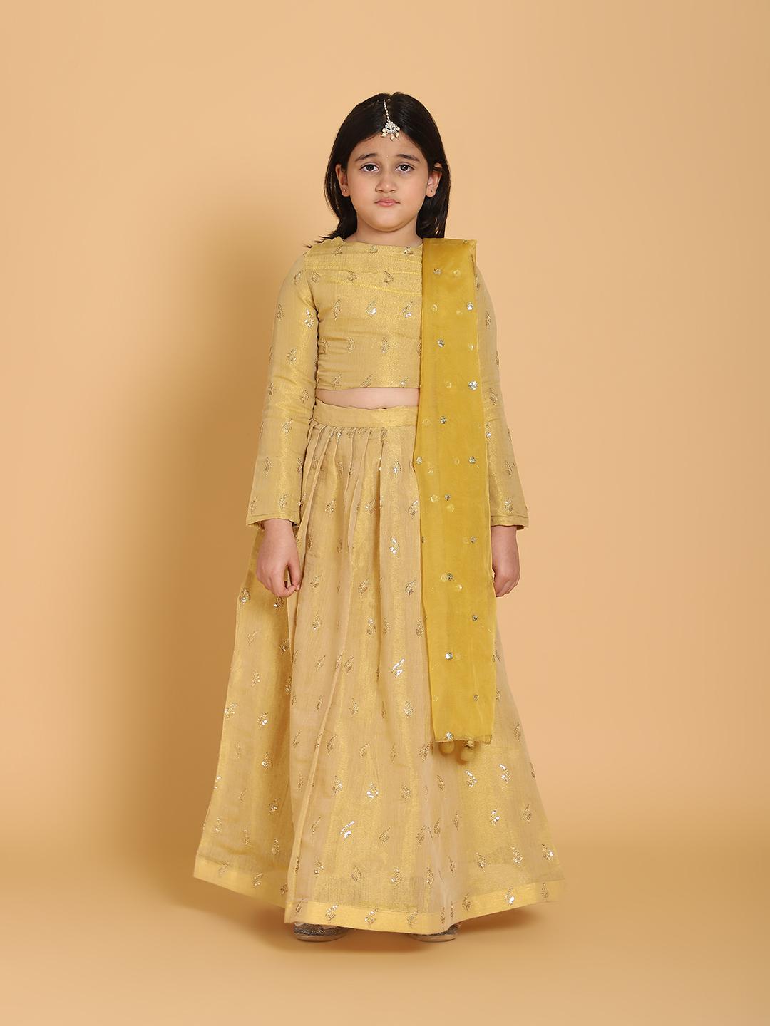golden-choli-lehenga-with-dupatta-set-10509087GL, Kids Indian Ethnic Clothing, Silk Girl Lehenga Set