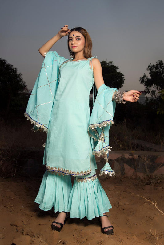 gotta-jaal-blue-cotton-sharara-set-11403185BL, Women Indian Ethnic Clothing, Cotton Silk Kurta Set Dupatta