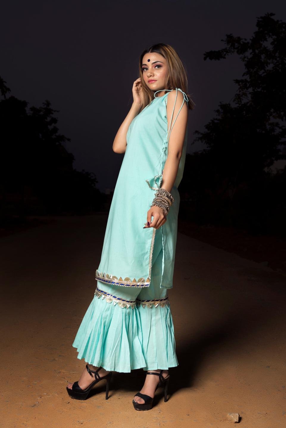 gotta-jaal-blue-cotton-sharara-set-11403185BL, Women Indian Ethnic Clothing, Cotton Silk Kurta Set Dupatta