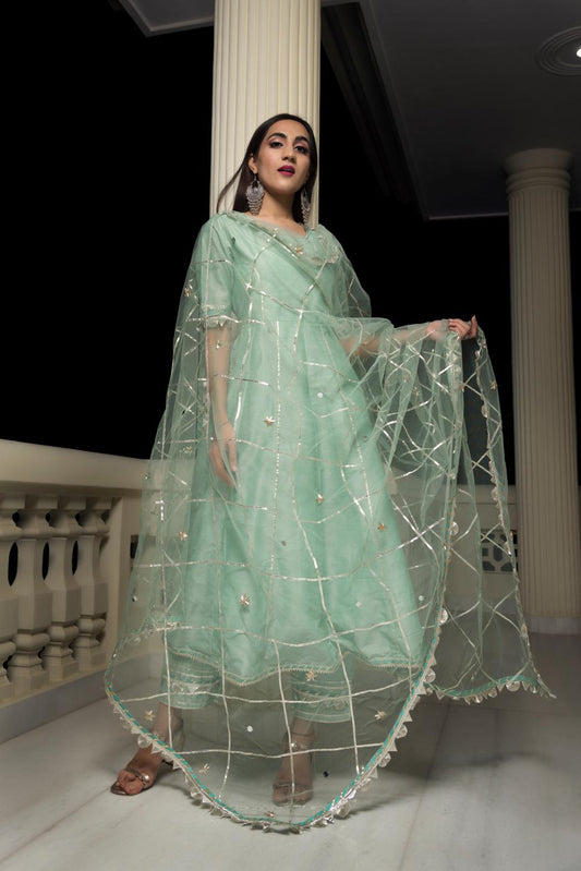 gotta-jaal-cotton-silk-mint-green-anarkali-11403181GR, Women Indian Ethnic Clothing, Cotton Silk Kurta Set Dupatta