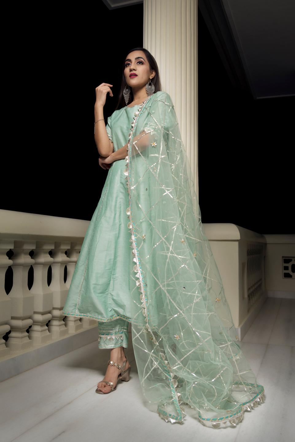 gotta-jaal-cotton-silk-mint-green-anarkali-11403181GR, Women Indian Ethnic Clothing, Cotton Silk Kurta Set Dupatta