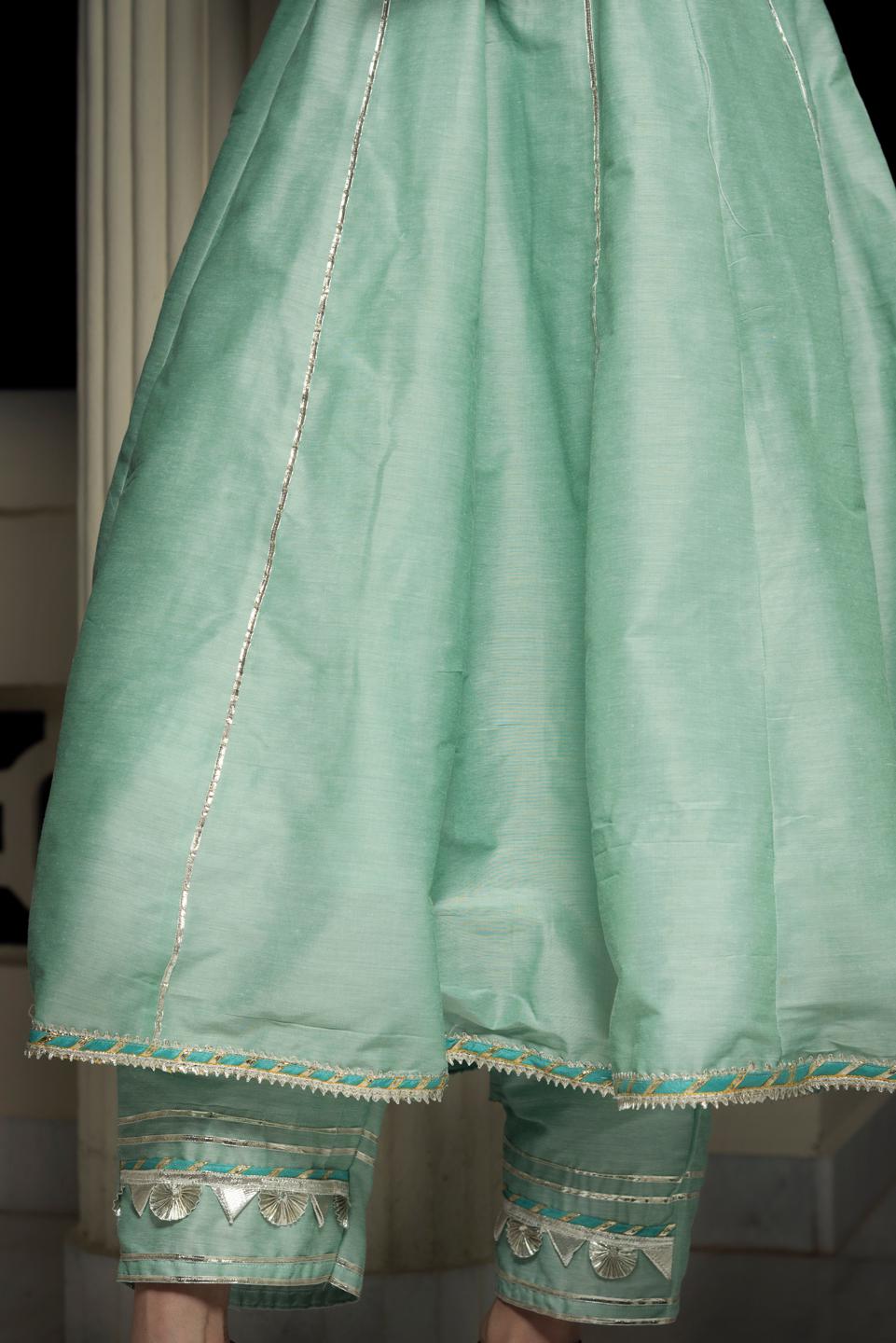 gotta-jaal-cotton-silk-mint-green-anarkali-11403181GR, Women Indian Ethnic Clothing, Cotton Silk Kurta Set Dupatta