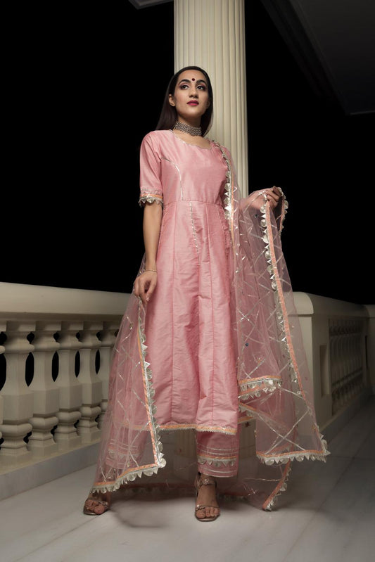 gotta-jaal-cotton-silk-peach-anarkali-11403183PC, Women Indian Ethnic Clothing, Cotton Silk Kurta Set Dupatta