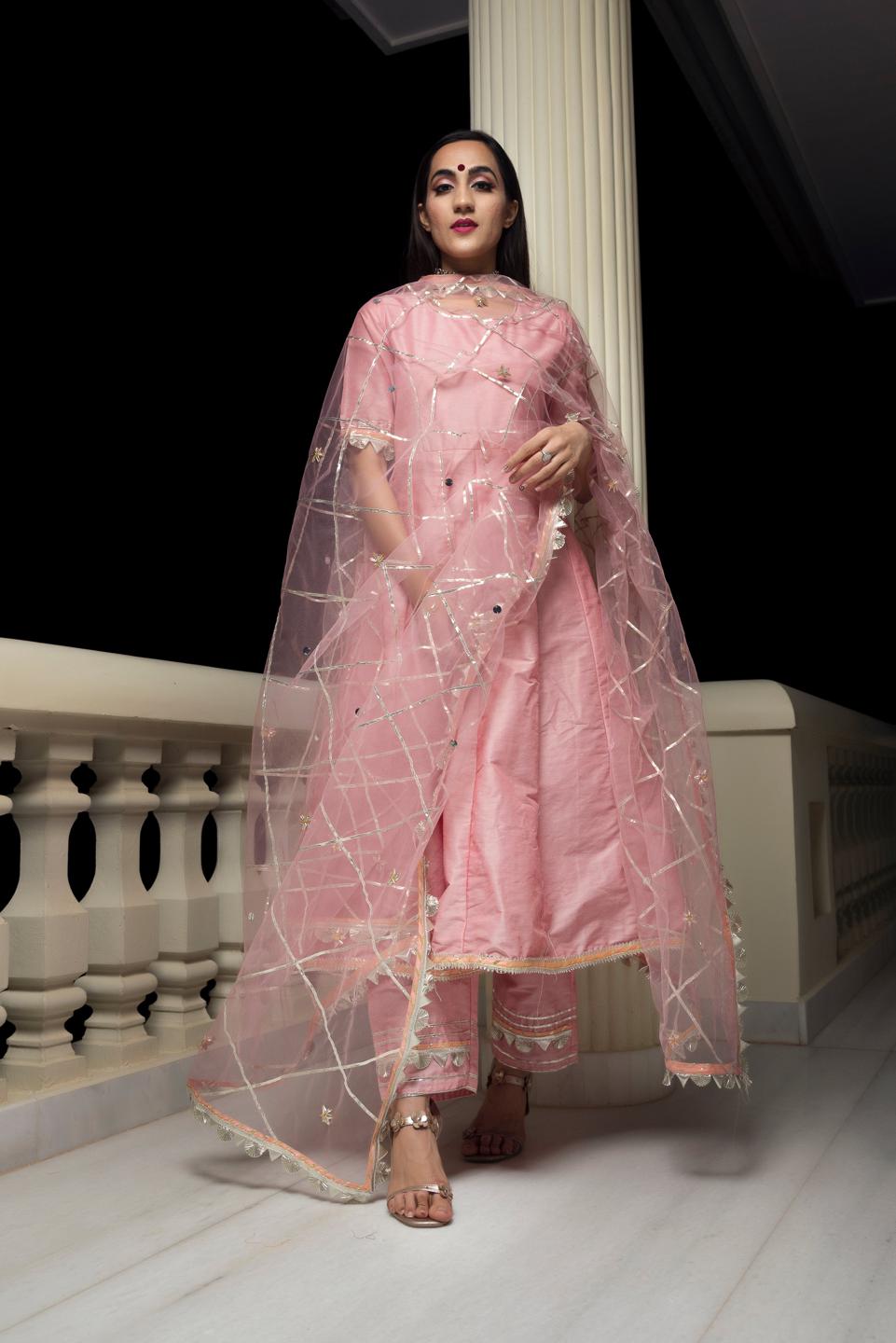 gotta-jaal-cotton-silk-peach-anarkali-11403183PC, Women Indian Ethnic Clothing, Cotton Silk Kurta Set Dupatta