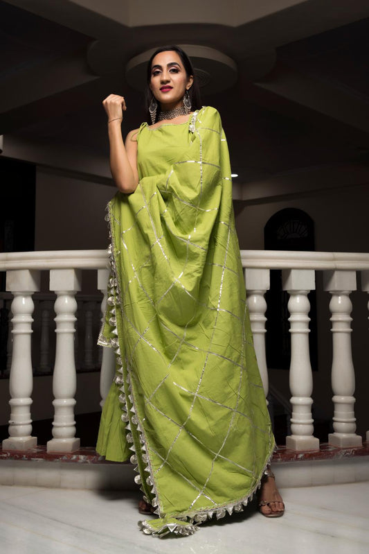 gotta-jaal-green-cotton-sharara-set-11403186GR, Women Indian Ethnic Clothing, Cotton Kurta Set Dupatta