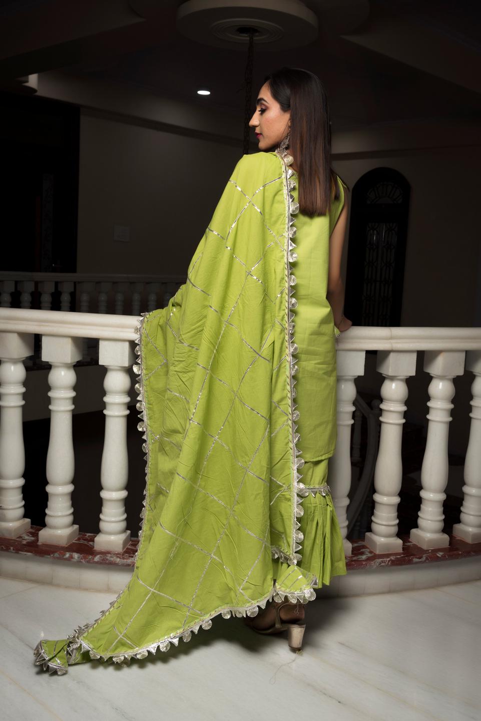 gotta-jaal-green-cotton-sharara-set-11403186GR, Women Indian Ethnic Clothing, Cotton Kurta Set Dupatta