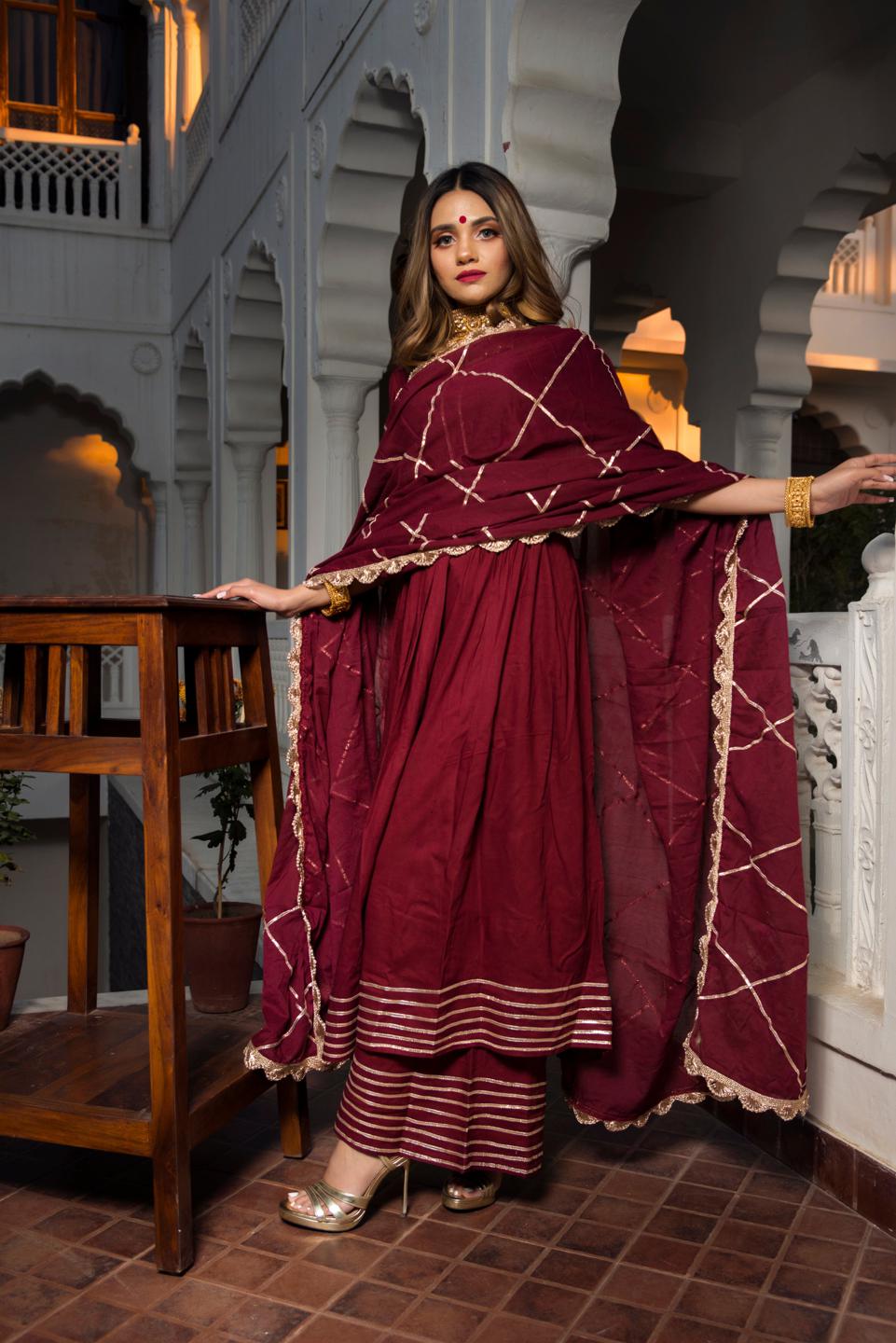 gotta-jaal-maroon-cotton-anarkali-11403191MR, Women Indian Ethnic Clothing, Cotton Kurta Set Dupatta