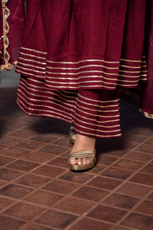 gotta-jaal-maroon-cotton-anarkali-11403191MR, Women Indian Ethnic Clothing, Cotton Kurta Set Dupatta