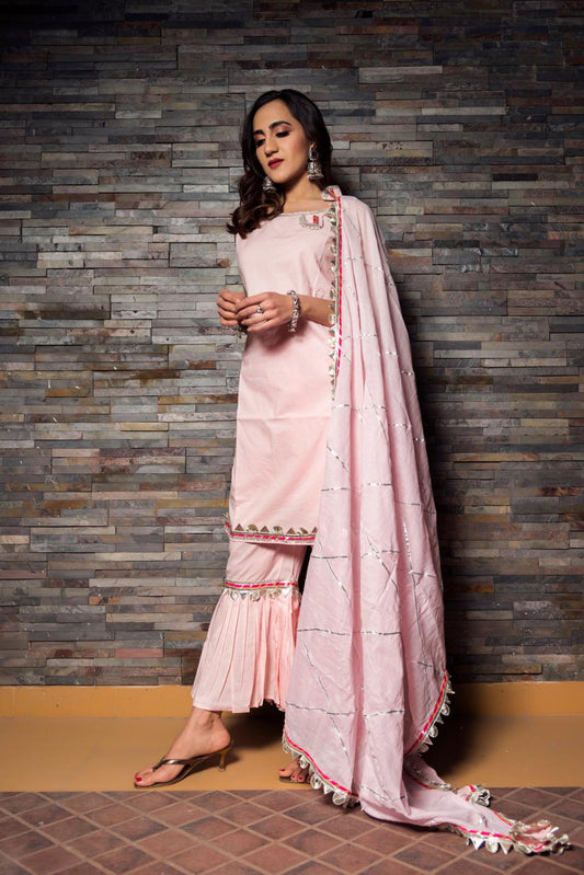 gotta-jaal-pink-cotton-kurta-sharara-set-11403192PK, Women Indian Ethnic Clothing, Cotton Kurta Set Dupatta