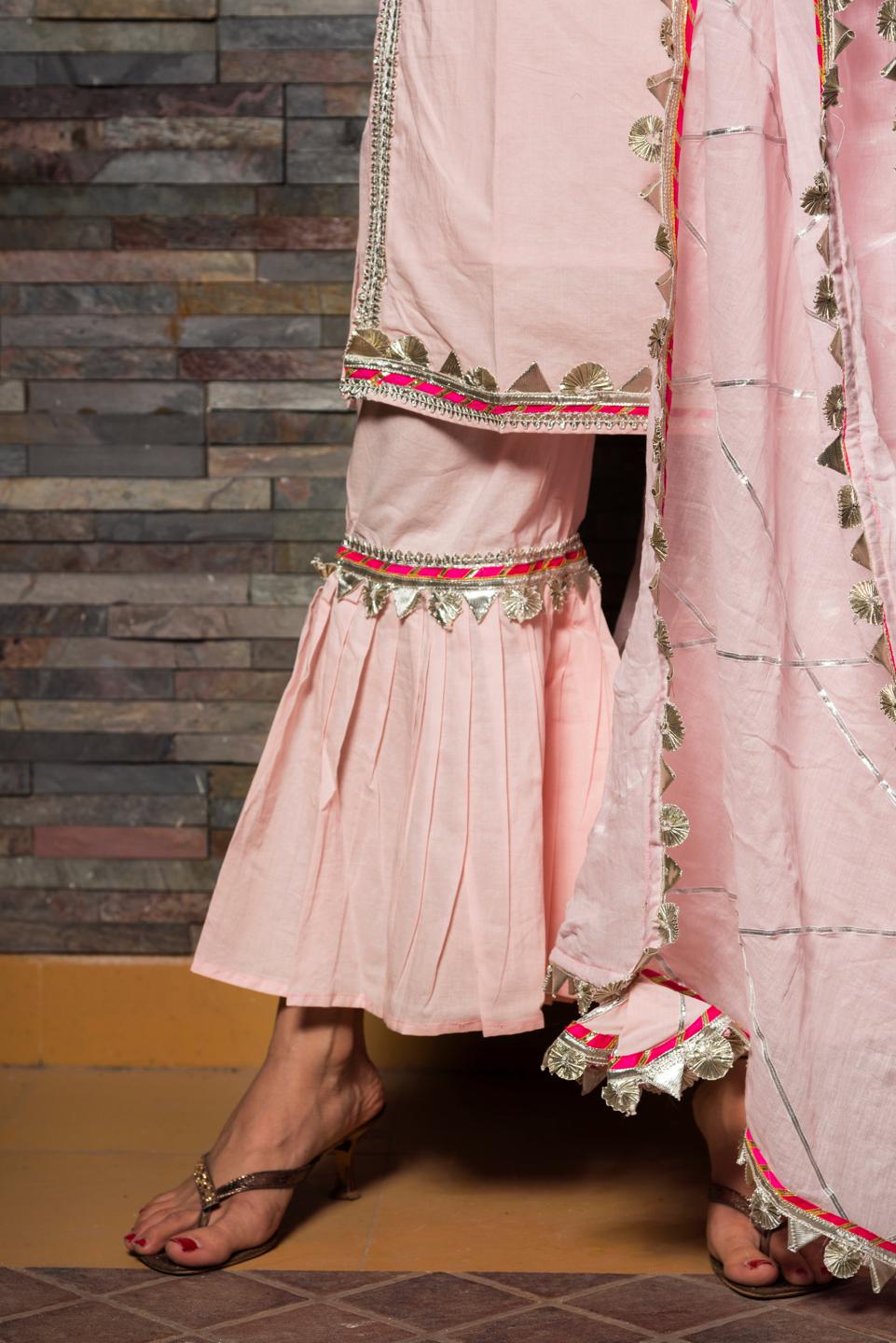 gotta-jaal-pink-cotton-kurta-sharara-set-11403192PK, Women Indian Ethnic Clothing, Cotton Kurta Set Dupatta