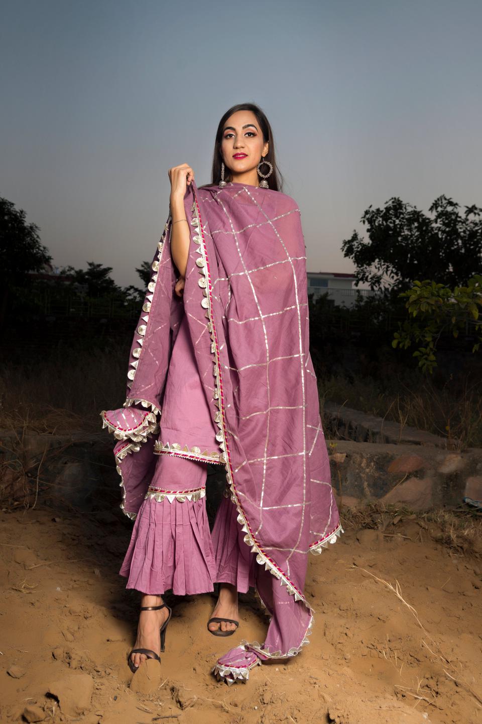 gotta-jaal-purple-cotton-sharara-set-11403184PR, Women Indian Ethnic Clothing, Cotton Silk Kurta Set Dupatta
