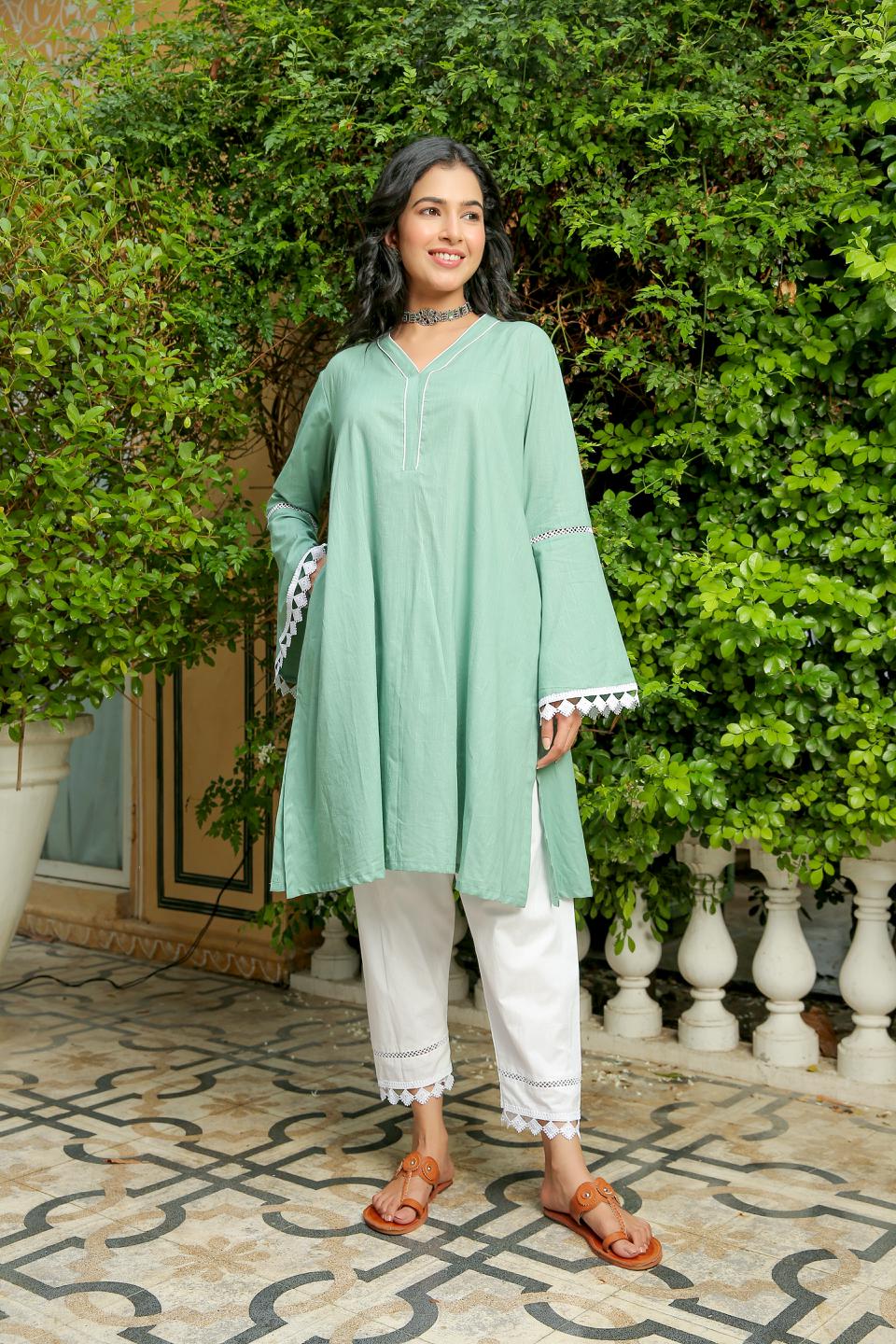 green-ash-kurta-with-white-pant-set-11702070GR, Women Indian Ethnic Clothing, Cotton Kurta Set