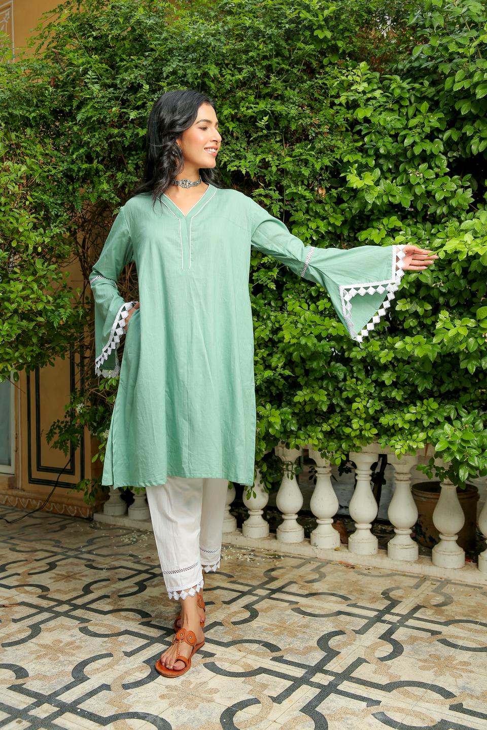 green-ash-kurta-with-white-pant-set-11702070GR, Women Indian Ethnic Clothing, Cotton Kurta Set