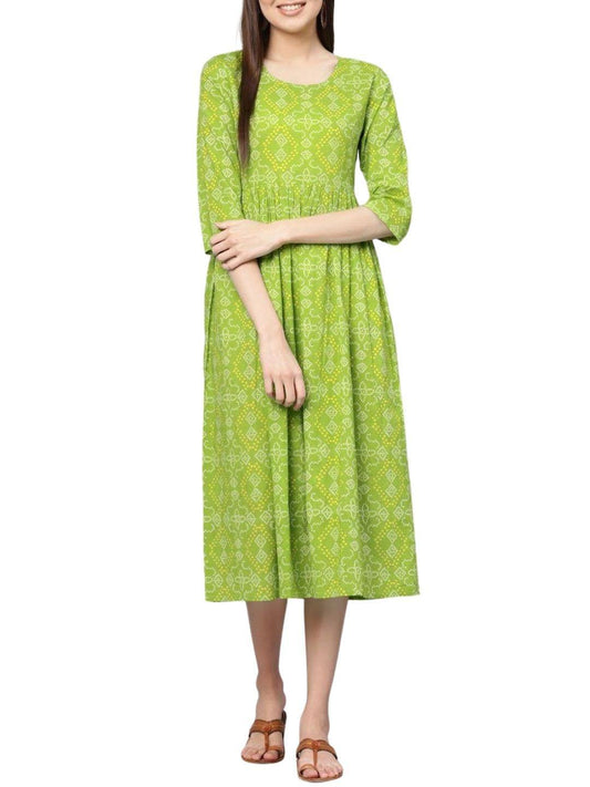 green-bandhej-printed-midi-gathered-dress-10204015GR, Women Indian Ethnic Clothing, Cotton Dress