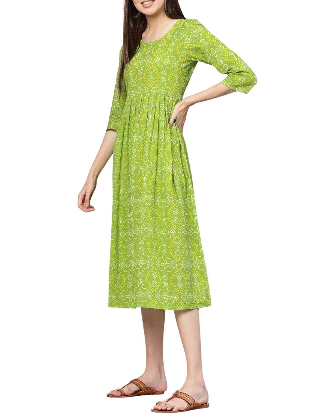 green-bandhej-printed-midi-gathered-dress-10204015GR, Women Indian Ethnic Clothing, Cotton Dress