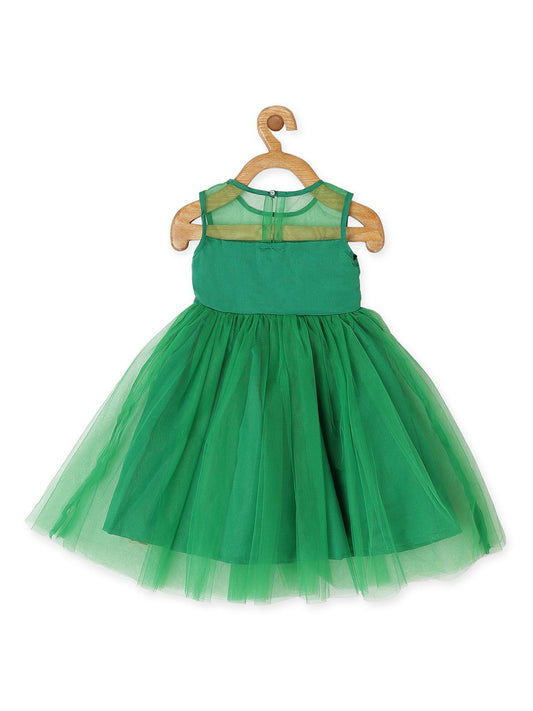 green-dress-embellished-with-flowers-10510095GR, Kids Clothing, Net Girl Dress