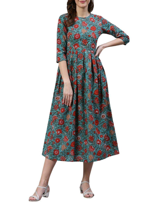 green-floral-a-line-midi-dress-10204107GR, Women Clothing, Cotton Dress