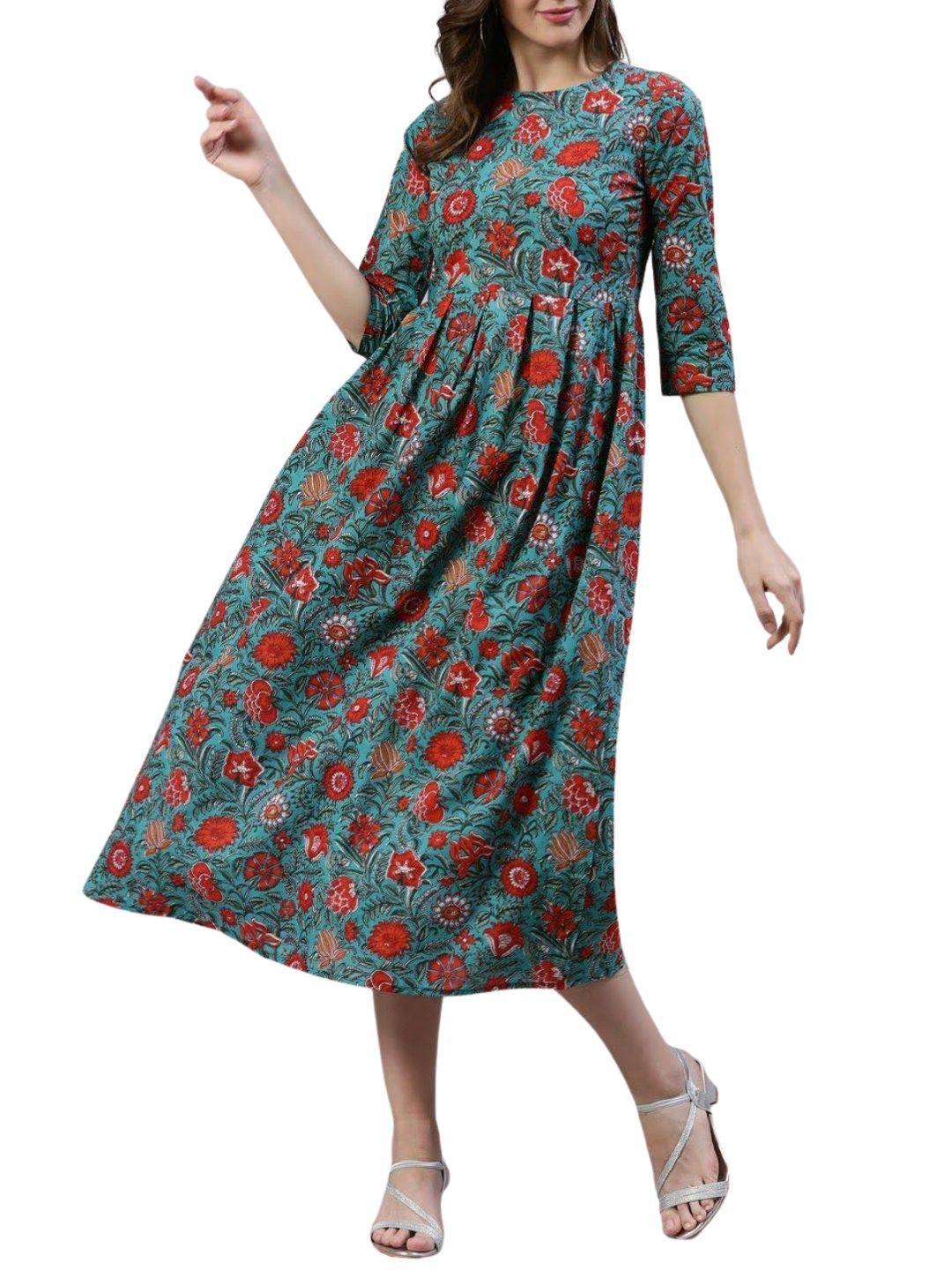 green-floral-a-line-midi-dress-10204107GR, Women Clothing, Cotton Dress