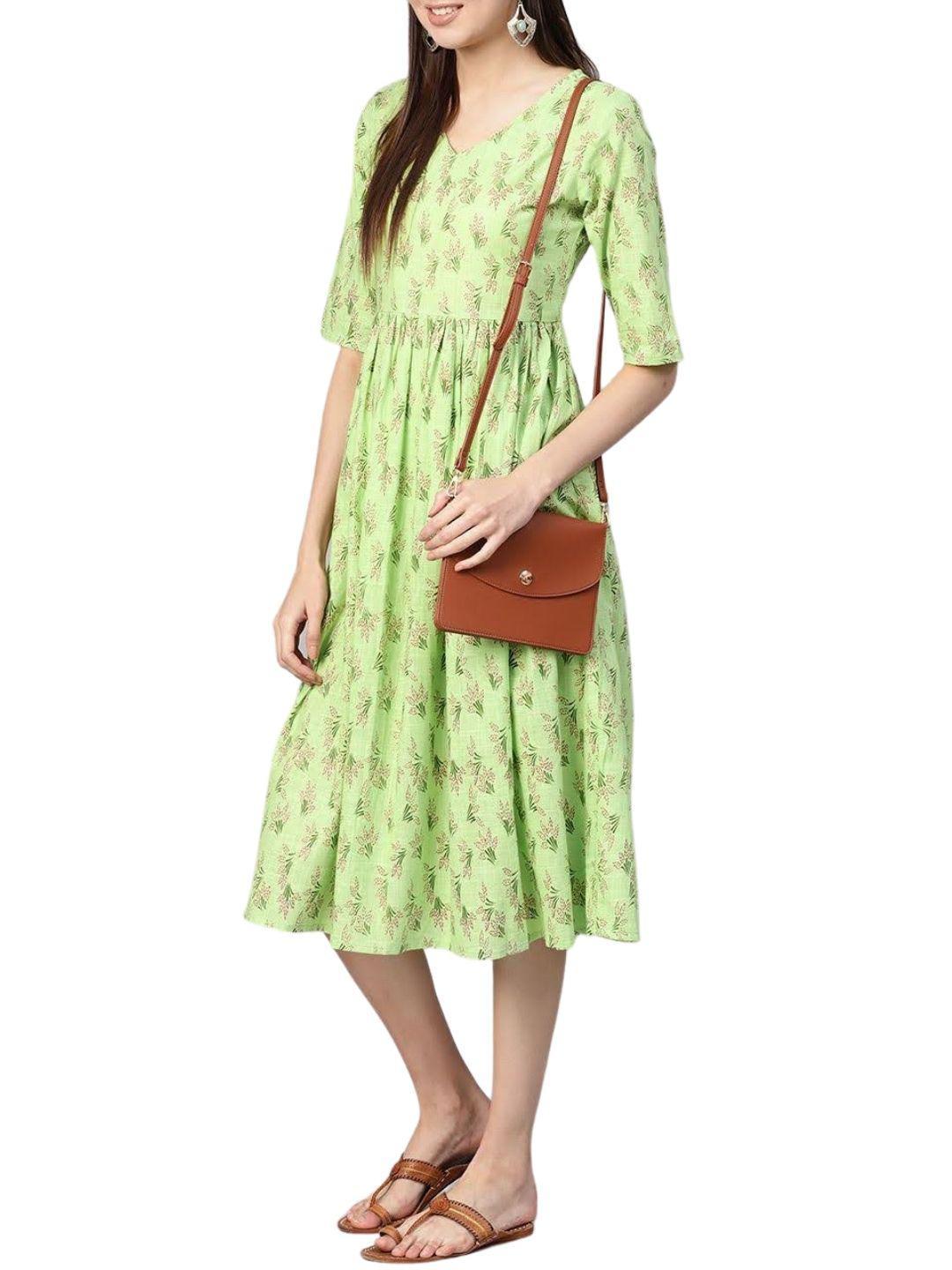 green-floral-printed-midi-gathered-dress-10204014GR, Women Indian Ethnic Clothing, Cotton Dress