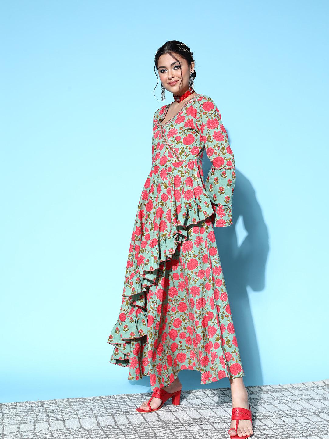 green-layered-cotton-maxi-dress-10104162GR, Women Clothing, Cotton Dresses