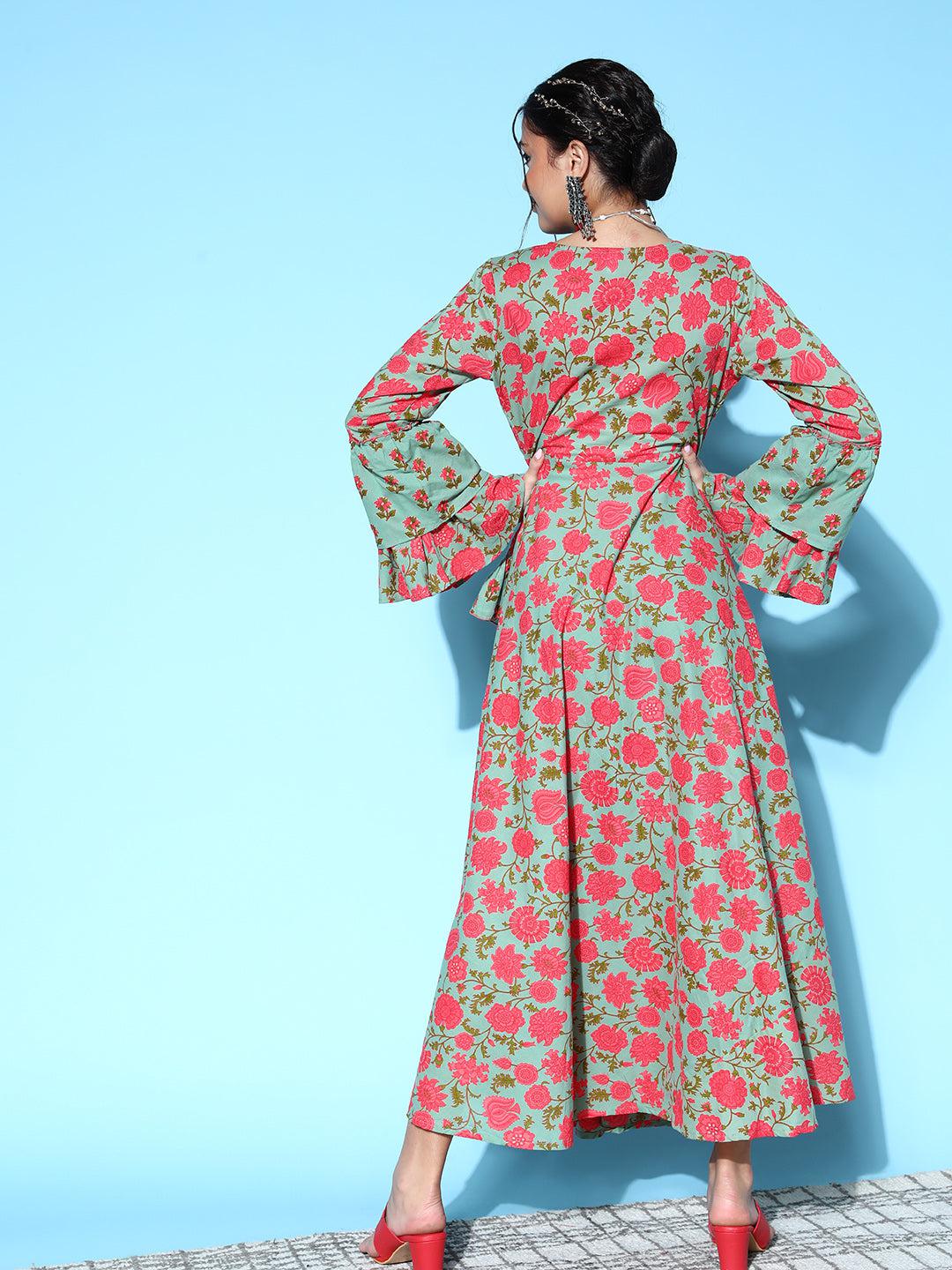 green-layered-cotton-maxi-dress-10104162GR, Women Clothing, Cotton Dresses