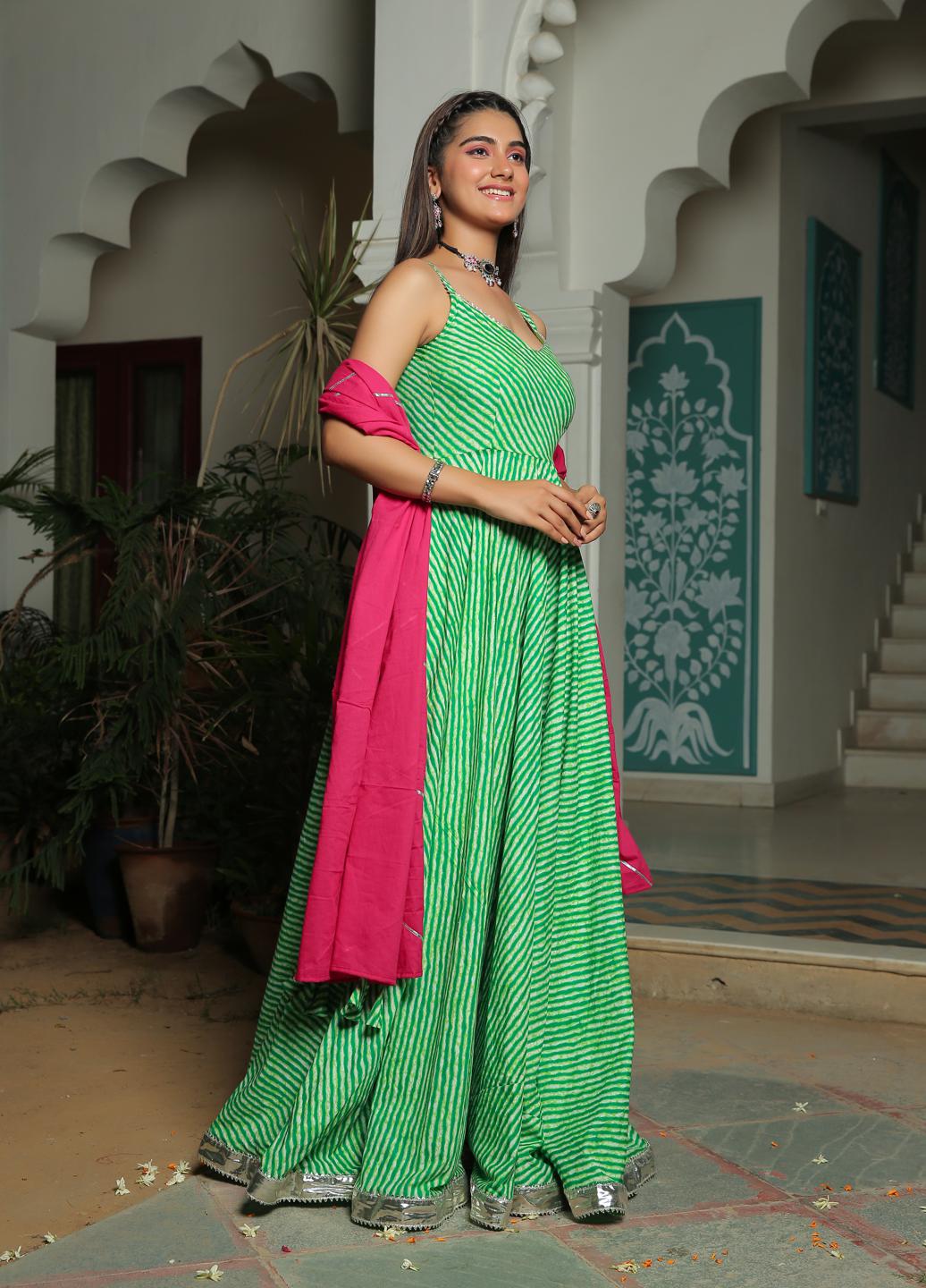 green-lehriya-anarkali-dress-with-hot-pink-dupatta-11703068GR, Women Indian Ethnic Clothing, Cotton Kurta Set Dupatta